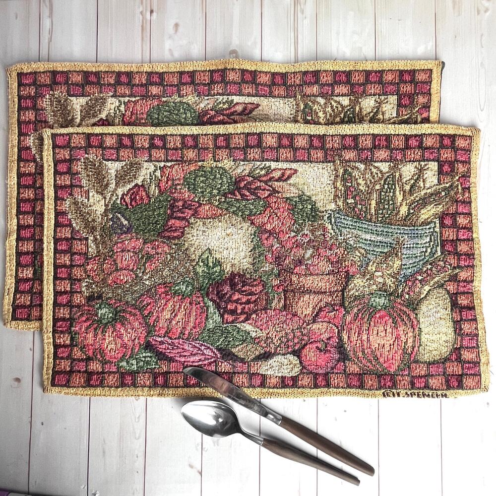 2 Vintage Fall Autumn Harvest Woven Placemats Designed by T. Spencer Country